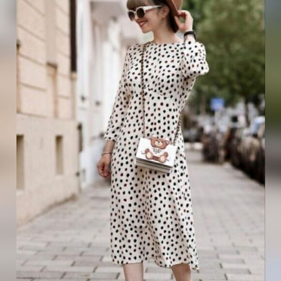 H&M Cleft Open Back Polka Dot White Black and Brown Open Back Midi Dress 4 - Picture 2 of 13